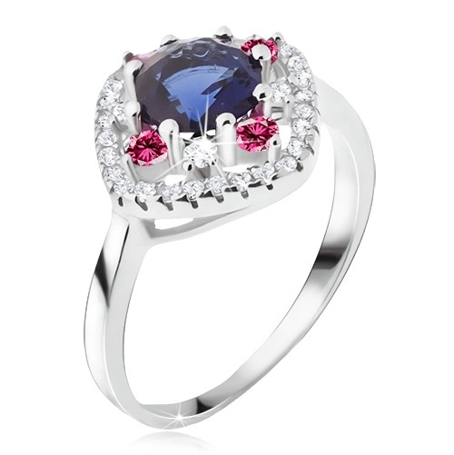 Prsten ze stříbra 925, modrý okrouhlý zirkon, čiré a růžové kamínky - Velikost: 62