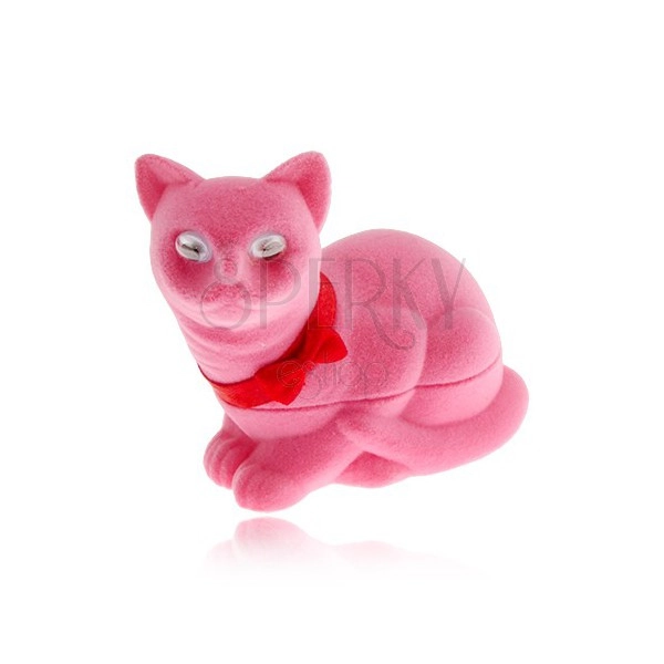 Sametová krabička na náušnice, růžová kočka s mašlí