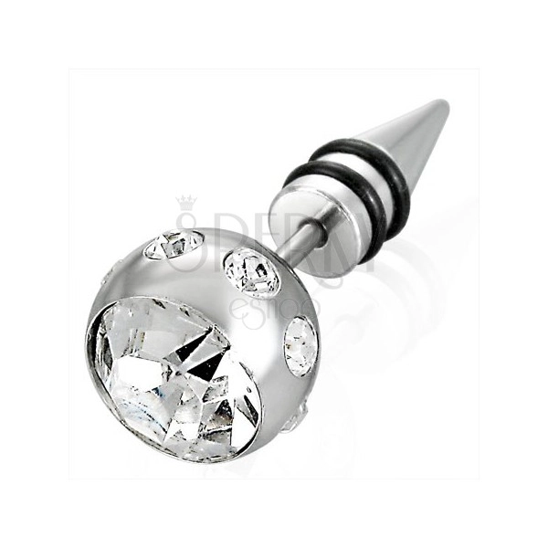 Falešný piercing ve stříbrné barvě - velká koule se zirkonem, špička se dvěma černými gumičkami