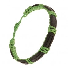 Pletený zelený náramek ze šňůrek, tři černé proužky kůže