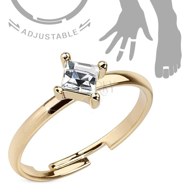Nastavitelný prsten na ruku nebo nohu, zlatý, čtvercový čirý zirkon