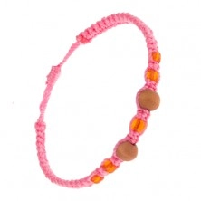 Pletený růžový náramek, oranžové korálky a kuličky ze dřeva