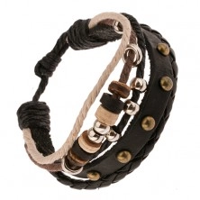 Multináramek - černý kožený pás a pletenec, šňůrky, kruhové ozdoby