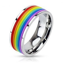 Lesklý ocelový prsten s pryžovými pásky v barvách duhy