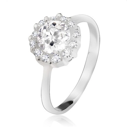 Prsten ze stříbra 925, okrouhlý čirý kamínek se zirkonovým lemem - Velikost: 50