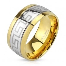 Ocelový prsten, linie řeckého klíče, okraje zlaté barvy