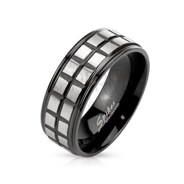 Černý ocelový prsten, dvě linie z matných stříbrných čtverců