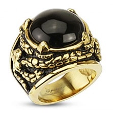 Mohutný zlatý prsten z chirurgické oceli, onyx v dračích spárech