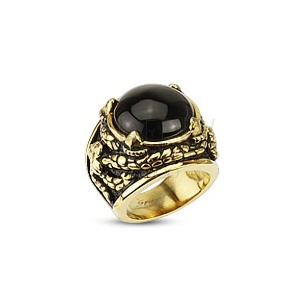 Mohutný zlatý prsten z chirurgické oceli, onyx v dračích spárech
