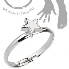 Rhodiovaný nastavitelný stříbrný prsten, lesklá pěticípá hvězda