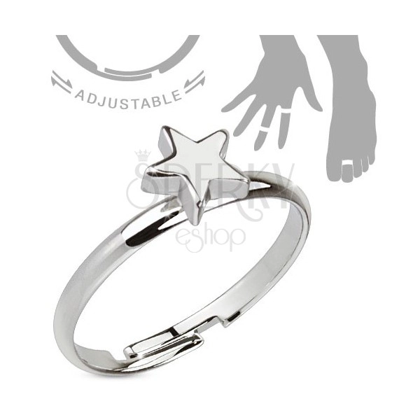 Rhodiovaný nastavitelný stříbrný prsten, lesklá pěticípá hvězda