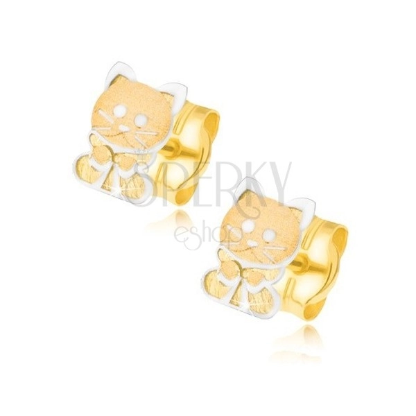 Zlaté náušnice 585 - dvoubarevné koťátko s mašličkou