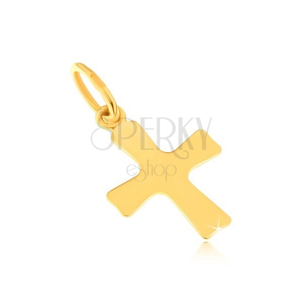 Lesklý přívěsek ze žlutého 14K zlata - plochý malý kříž, mírně se rozšiřující ramena 