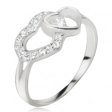 Srdíčkovitý prsten, zirkonová a hladká kontura srdce, stříbro 925
