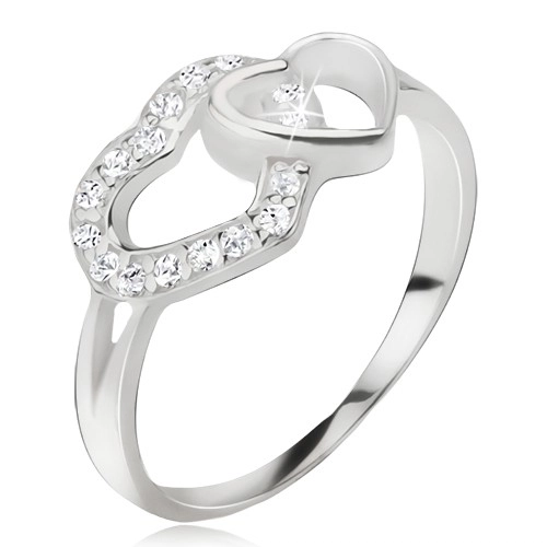 Srdíčkovitý prsten, zirkonová a hladká kontura srdce, stříbro 925 - Velikost: 51