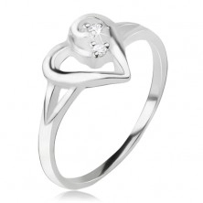 Srdíčkovitý prsten, obrys asymetrického srdce, čiré kamínky, stříbro 925