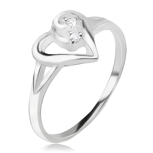 Srdíčkovitý prsten, obrys asymetrického srdce, čiré kamínky, stříbro 925 - Velikost: 51