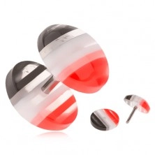 Fake plug z akrylu, vypouklá kolečka, červené, bílé a černé pruhy