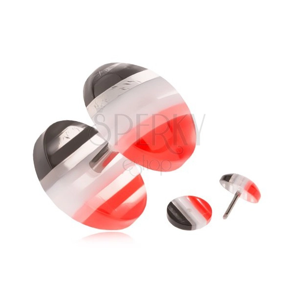Fake plug z akrylu, vypouklá kolečka, červené, bílé a černé pruhy