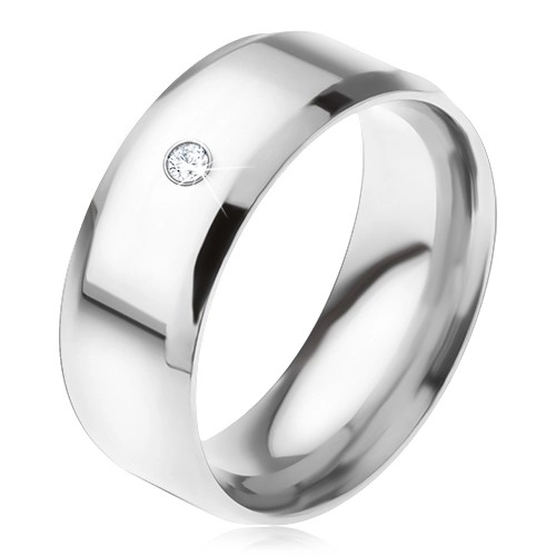 Lesklý ocelový prsten, zkosené hrany, čirý okrouhlý kamínek - Velikost: 62