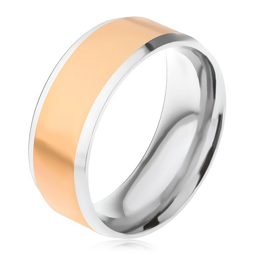 Ocelový prsten, zlatý středový pás, stříbrné šikmé okraje - Velikost: 67