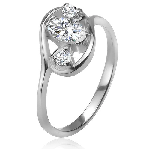 Zirkonový prsten, obrys elipsy, tři čiré broušené kamínky, stříbro 925 - Velikost: 50