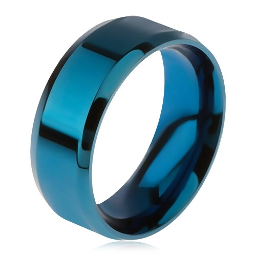 Lesklý ocelový prsten modré barvy, zkosené okraje - Velikost: 69