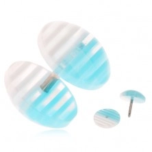 Fake plug do ucha z akrylu, průhledná kolečka, bílé a modré proužky