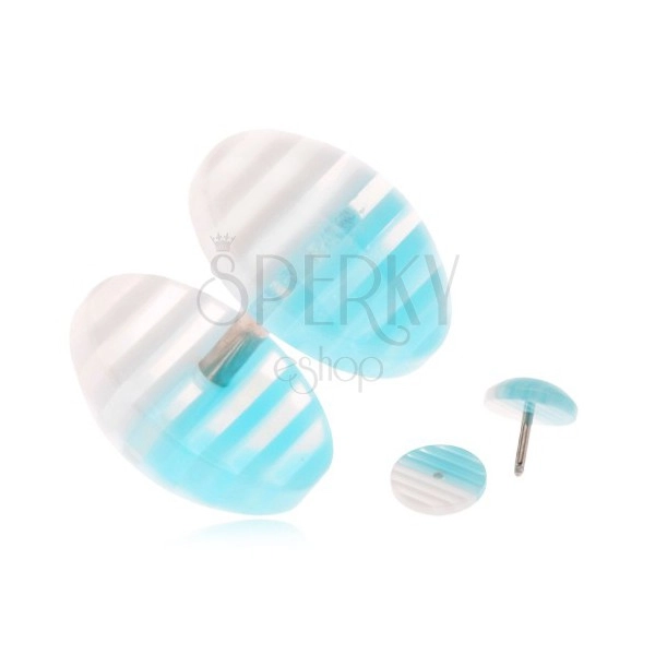 Fake plug do ucha z akrylu, průhledná kolečka, bílé a modré proužky
