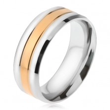 Ocelový prsten, zlatý a dva stříbrné pásy, zešikmené okraje
