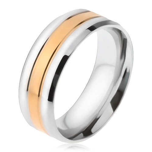 Ocelový prsten, zlatý a dva stříbrné pásy, zešikmené okraje - Velikost: 65