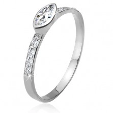 Zirkonový prsten, kamínková ramena, elipsovitý kamínek, stříbro 925