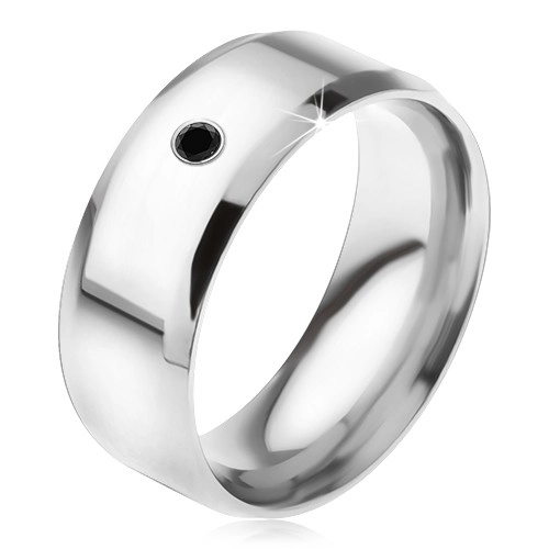 Zrcadlově lesklý prsten z oceli 316L, černý kamínek - Velikost: 56