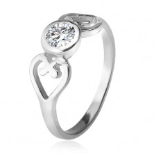 Stříbrný prsten, obrysy srdcí, čirý okrouhlý zirkon v objímce, stříbro 925
