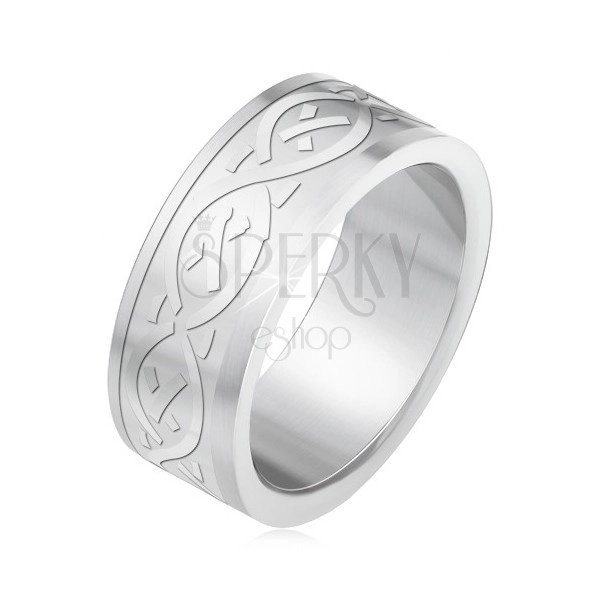 Ocelový prsten, matný gravírovaný pás s keltským motivem