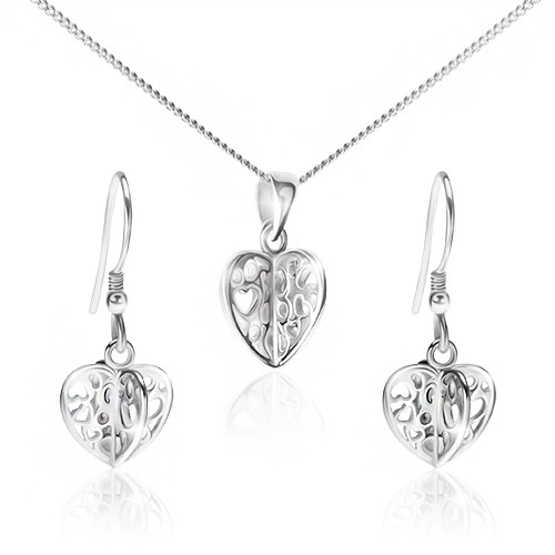 Levně Set ze stříbra 925 - náhrdelník a náušnice, vyřezávaná srdce