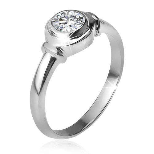 Stříbrný prsten 925, okrouhlá objímka se zirkonem, dvě obroučky - Velikost: 54