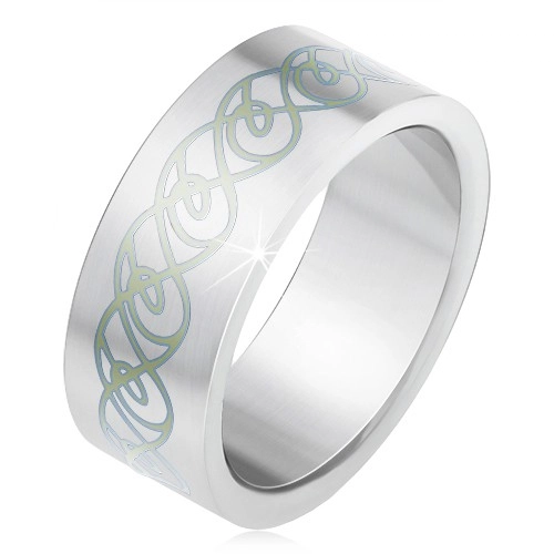 Ocelový prsten, matný rovný povrch, ornament ze zakroucených linií - Velikost: 61