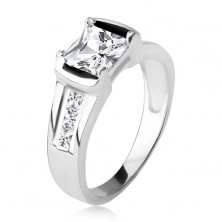 Stříbrný prsten 925, čtvercový čirý zirkon, tři kamínky v ramenech