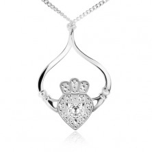 Stříbrný náhrdelník 925, řetízek, srdce, korunka, ruce, čiré zirkony
