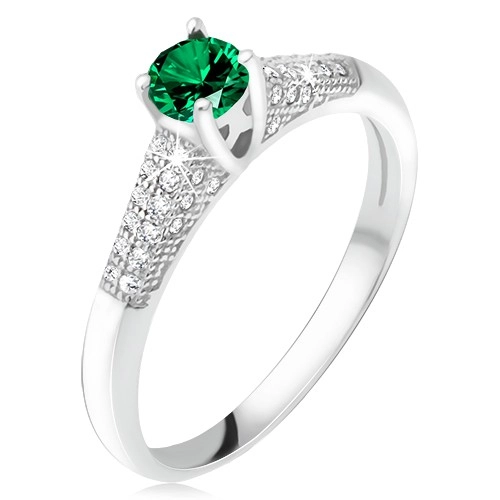 Prsten se zeleným zirkonem v kotlíku, čiré kamínky, stříbro 925 - Velikost: 52