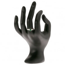 Prsten se zeleným zirkonem v kotlíku, čiré kamínky, stříbro 925