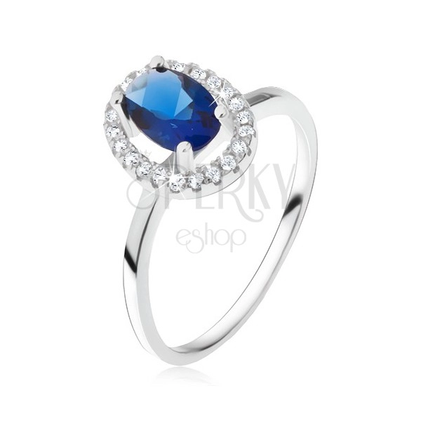 Prsten ze stříbra 925, oválný modrý kámen se zirkonovým rámem