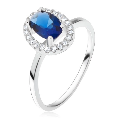 Prsten ze stříbra 925, oválný modrý kámen se zirkonovým rámem - Velikost: 57