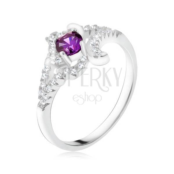 Stříbrný prsten 925, fialový kamínek, zakroucená zirkonová ramena