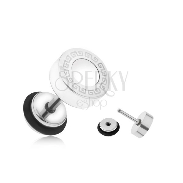 Ocelový fake plug do ucha, bílý glazovaný kruh, řecký klíč, 8 mm