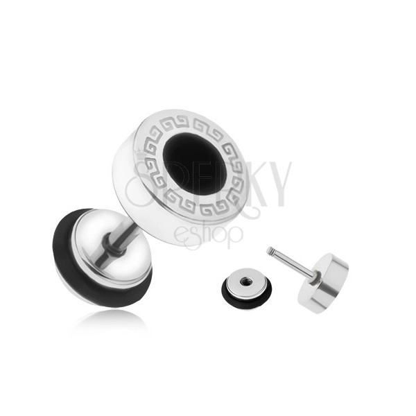 Ocelový fake plug do ucha, řecký klíč, černý glazovaný kruh, 8 mm