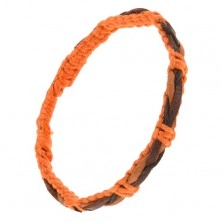 Náramek z oranžových šňůrek, hnědo-černý pletený copánek na povrchu