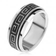 Ocelový prsten, otáčející se obroučka s řeckým klíčem, patina