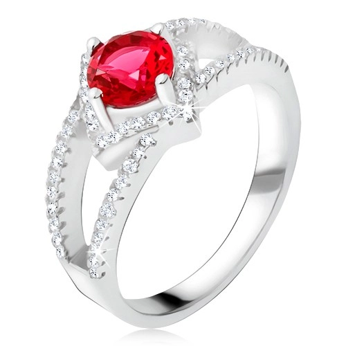 Prsten s rozdvojenými rameny, červený kámen, čtverec, stříbro 925 - Velikost: 56
